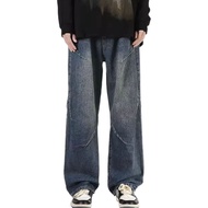 Men Spring Autumn Denim Pants Mid-rise Pockets Draped Casual Trousers Hip Hop Style Stitching Design