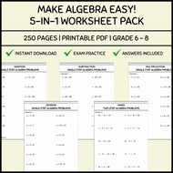 [DIGITAL COPY] Make Algebra Easy 5-in-1 Worksheet Pack for Kids | Step-by-Step Practice (Single & Tw