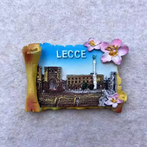 Hand-painted magnetic refrigerator magnets featuring landmark buildings of Lecce, Italy, are exquisi