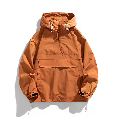 Spring Autumn Mens Anorak Jacket Fashion Man Half Zip Streetwear Hip Hop Hooded Coats Men Windbreake