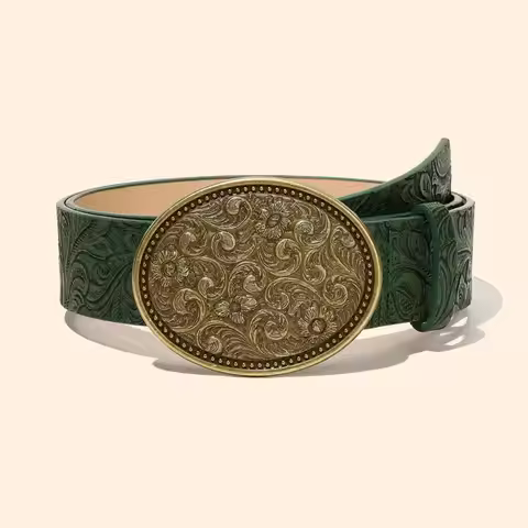 Fashion PU Leather Western Cowboy Belt Retro Vintage Carved Buckle Embossed Belt Punk Rock Y2K Jeans