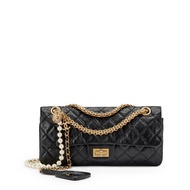 Chanel Black Quilted Aged Calfskin Mirror Charm Imitation Pearl Chain 2.55 Reissue East West Double Flap Gold Hardware, 2006