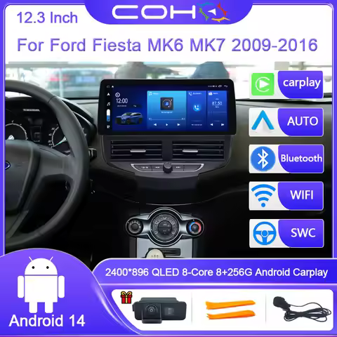 12.3 Inch For Ford Fiesta MK6 MK7 2009-2016 Android 14 8-Core 8G+256G Car Multimedia Player Stereo R