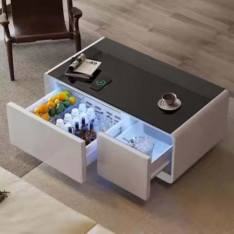 Smart Coffee Table with Fridge, 93L Refrigerated Drawers, Bluetooth Speakers & Wireless Charging, Mo