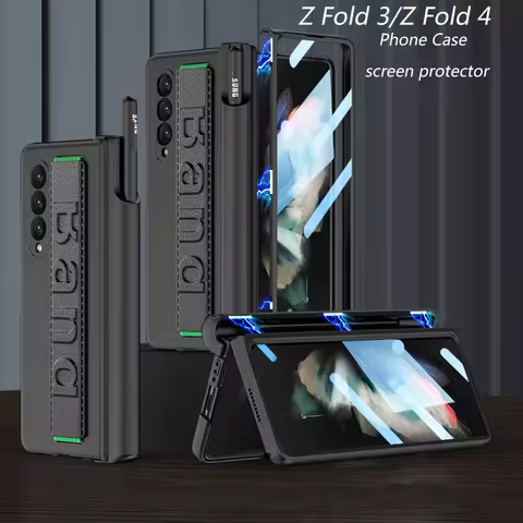 For Samsung Galaxy Z Fold 3 4 5G Phone Case with screen protector Magnetic Hinge Pen Holder Wristban