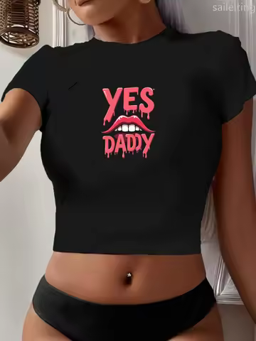 YES DADDY with Lips Women's Fashion Short Tshirt Harajuku Short Sleeve Casual Women's T-shirt Clothi
