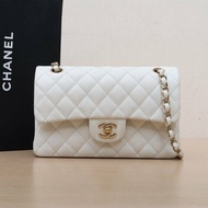 CHANEL CF口蓋包小號23白色荔枝牛皮晶片開淺金扣菱格紋肩背包