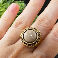 米色化石珊瑚戒指圓形象牙金色花朵可調節戒指首飾