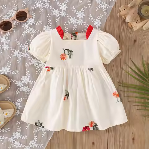 Summer New Baby Girl Dress Sweet Flower Embroidered Children's Clothing (9 Months -3 Years Old)