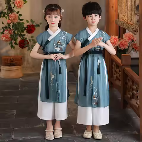 Ancient Chinese Traditional Hanfu Suit Boy And Girl Embroidery Dresses Martial Arts Costume Kimono S