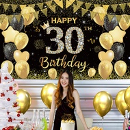 【Reusable】180*110cm 30th Black gold shimmer Happy Birthday Backdrop18/30/40/50/60/70th Birth Banner