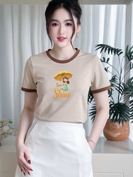 Áo thun nữ TOLI cổ tròn tay ngắn In hình Cô gái che ô Form vừa dáng vải cotton 4 chiều - PSB M49