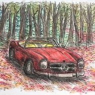 In an Autumn Forest watercolour painting, mercedes sl300 illustration, red car