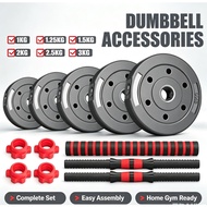 Complete dumbbell set, including weight plates (1–3 kg), dumbbell bars (10–50 kg), and locking nuts