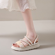 Sandal Flat wanita gaya lembut korea baru dengan fesyen musim panas bertatahkan mutiara sesuai untuk wanita hamil dalam saiz besar