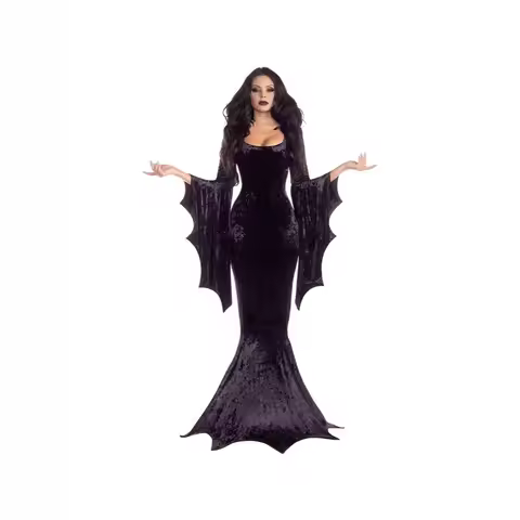 Halloween Morticia Adams Primate Black Adams Family Dress Retro Gothic Flared Sleeve Fishtail Dress 