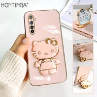 Hontinga เคส Realmi6 Realme 7 5G/4G Realme 7i Realme 7 Pro Realme 6 Pro กับ Hello Kitty Stand แฟชั่นเคสโทรศัพท์ TPU สี่เหลี่ยมชุบโครเมี่ยมสุดหรูสีทึบเคสคลุมทั้งหมดกล้องเคสกันกระแทกยางป้องกันเพชรเคสสำหรับเด็กผู้หญิง