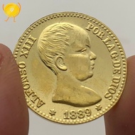 1889 Spain King Afonso Thirteen Brass Ancient Gold Commemorative Coins 20 Pisseta Ancient Coins Gold