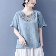 NW Mexico thêu bông Áo sơ mi vải lanh cho phụ nữ Boho áo và áo blouse tay ngắn Bohemian nông dân áo 
