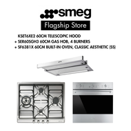 SMEG Bundle 60cm Gas Hob (SS) 4 Gas + 60cm Analog Oven + Optional Non Wall Mounted (KSET6XE2) Or Wall Mounted Hood (KBT900XE or KBT9L4VN)
