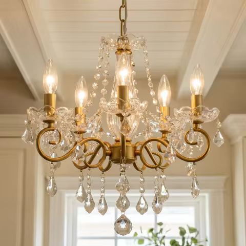 Modern Gold Crystal Chandelier, Adjustable Chain K9 Crystal Pendant Light Fixture for Dining Room Ki