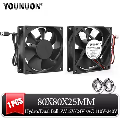 YOUNUN 1PCS 80mm 8025 80X80X25MM Cooling Fan 5V/12V/24V DC Brushless Cooling Cooler Fan 8025 Sleeve&