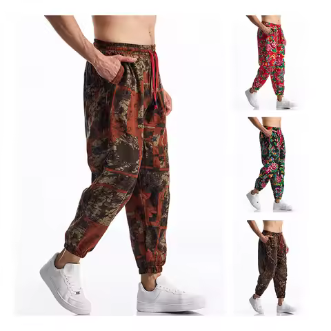 Men Harem Pants Cotton Linen Sweatpants Sports Joggers Trouser Graffiti Man Pant Drawstring Loose Ba