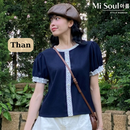 Áo Kiểu Tay Bồng Phối Ren Trắng Đính Ngọc MiSoul Dáng Suông BigSize Áo BabyDoll Chất Chéo Ý Mềm Mịn