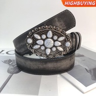HIGHBUYING Vintage White Stone Bule Belt Engraved Flower Belt Embossed Leather Belt Boho Western Bel