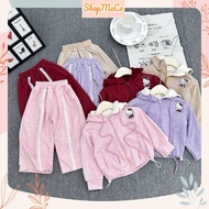 NC86, kitty hoodie rabbit fur Set with striped running pants for girls