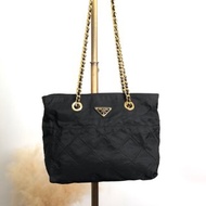 【 日本直送 名牌中古包 】PRADA 普拉達 側背包 黑色 三角標誌 尼龍 鏈條 菱格紋 vintage aymjy2