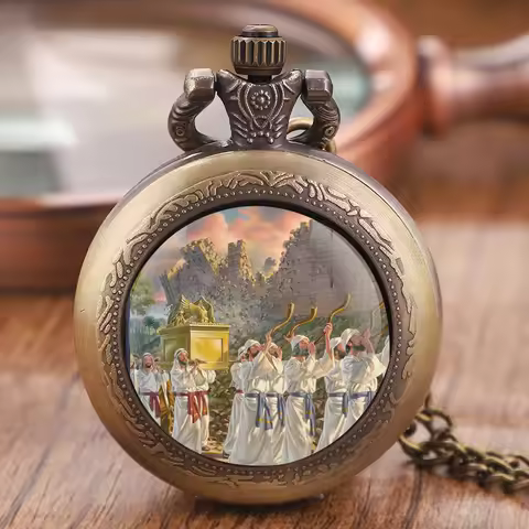 Jewish Style Shofar Art Picture Design Vintage Quartz Pocket Watch Chain Pendant Necklace for Men an