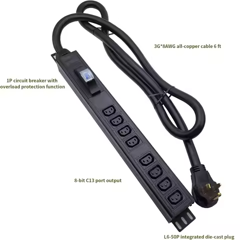 8 Way C13 L6-50P 240V 50A Ampt PDU with Circuit Breaker for Data Center Server Cabinet PDU Aluminum 