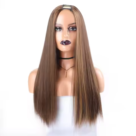 Bone Straight Synthetic U Part Wig #P4/27 Highlight Synthetic Hair Wig U Part Wig for Women Black Bl