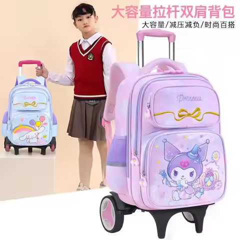 Sanrio Kuromi Cinnamoroll Pochacco 2-Wheel Rolling Backpack, Sequins Pocket Waterproof Detachable Tr