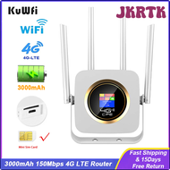 JKRTK KuWFi 4G LTE Router 3000mAh Wi-Fi Router 150Mbps CAT4 Wireless CPE Router with RJ45 Port Sim Card Slot Wi-fi Hotspot 4 Antenna HRTWR