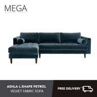 [Bulky] Ashla L-Shape Petrol Velvet 3 Seater Fabric Sofa