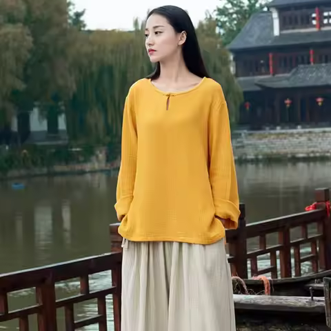 Plus size Women Long Sleeve Cotton Linen Blouse Blusas Femininas Basic Tops Loose chinese traditiona