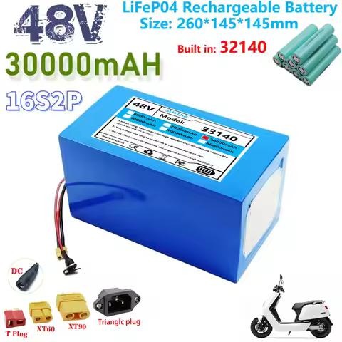 48V 30ah 32140 16S2P LiFePo4 Rechargeable Battery Pack Built in BMS 2000W E-Two Wheelers High Power 