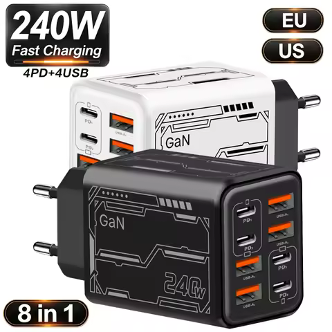 8 in 1 GaN Desktop USB Phone Charger 240W PD Fast Charger 4PD 4USB For iPhone 16 15 Pro Samsung Xiao