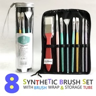 GIFTBOX SPECIAL! 8-pc. Synthetic Brush set w/ Taklon Bristles, Brush Wrap &amp; Tube- for Watercolor, Gouache, Acrylic &amp; Oil (RAINBOW)