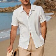 Men's Contrast Trim Button-Front Short Sleeve Shirt And Drawstring Shorts Set,White,Summer,Casual,Va