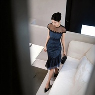 IBUY Blue Black Lace Pleated Hem Hip Dress