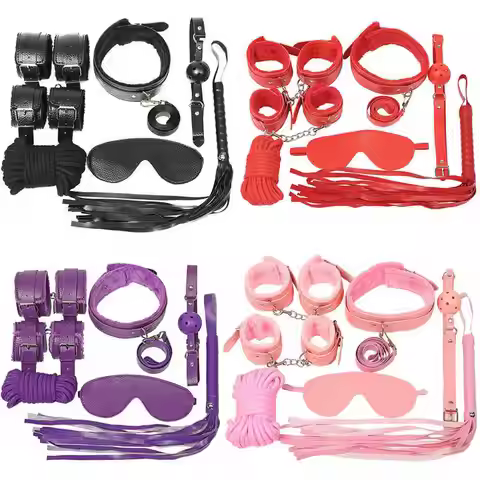 Ladies Pink Leather Bondage straps Restraint Love Handcuffs Bracelets Blindfold Collar Leash Choker 