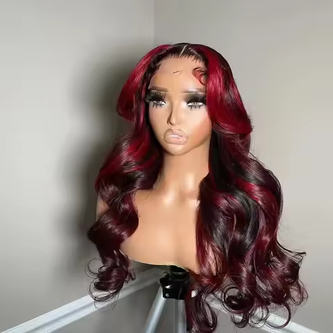 32 Inch Black Red Wigs Human Hair Burgundy 180% Density Body Wave Lace 1B/99J Gluless 5X5 Colored Hi