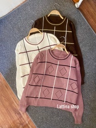 Lattina Shop Yuki Sweater Rajut Wanita Motif Kotak-Kotak Sido Ketupat Bahan Tebal Halus Nyaman Model