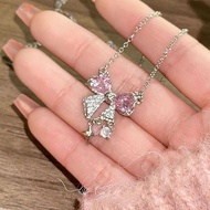 Bow Necklace Korean Style Pink Pendant Necklace Versatile Light Necklace Luxury D9