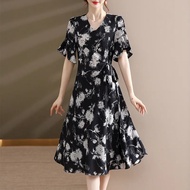 ชุดเดรส Midi หรูหราสําหรับผู้หญิงวัยกลางคนแฟชั่นสไตล์จีนชุดฤดูร้อนร้านขายสินค้าขายดีแลดูผอมดีไซน์คอว