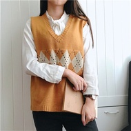 Autumn Korean style Casual Vintage V-Neck Sleeveless Argyle Spliced Soft Loose Knitted Women Vest