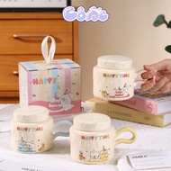 [Free box+card] Happy Time Cute Ceramic Mug Cat Puppy Rabbit New Handle Shape Meaningful Birthday Gi